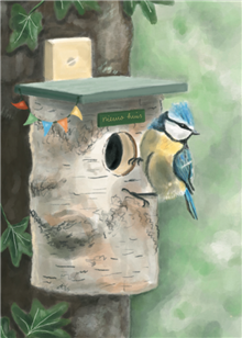 wenskaart Vogel en vogelhuis